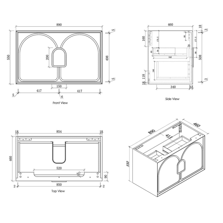 Technical dimensions diagram for Otti Laguna MK II 890mm wall-hung double basin vanity by Tilemall