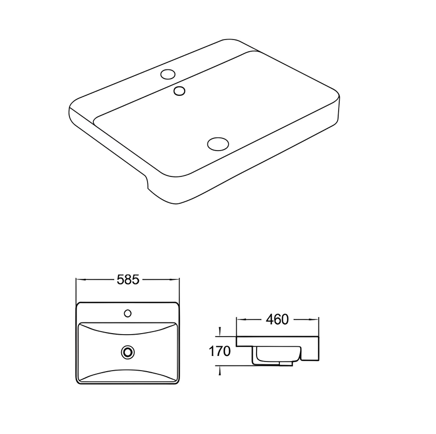 Technical dimensions diagram for Lukka Kliff 585x460mm 585x460x170mm semi-recess basin showing top and side views by Tilemall