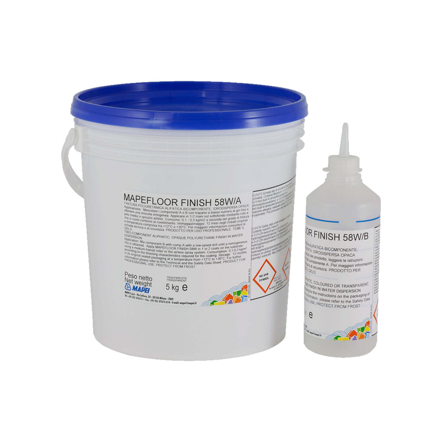 Mapei Mapefloor Finish 58W aliphatic polyurethane clear matt top coat kit with 5kg bucket and hardener bottle by Tilemall