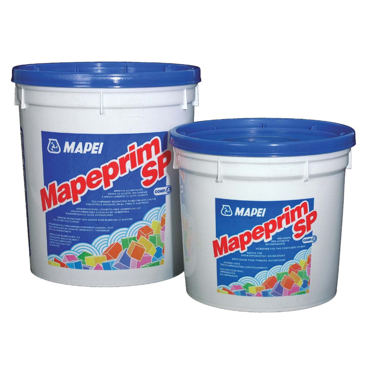 Mapei Mape Prim SP Mapeprim SP substrate primer kit with two white containers and blue lids by Tilemall