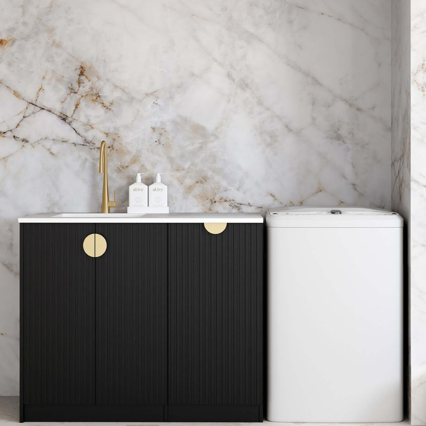 Otti Marlo 1060mm matte black floor-standing laundry cabinet by Tilemall with marble benchtop and brass tap