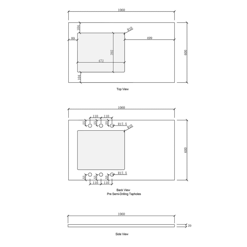 Technical dimensions diagram for Otti Marlo 1060mm cabinet top, back and side views with tap hole specifications by Tilemall