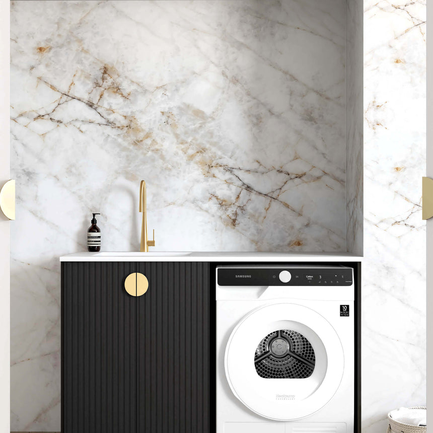 Otti Marlo 1300mm matte black floor-standing laundry base cabinet by Tilemall installed with sink and dryer