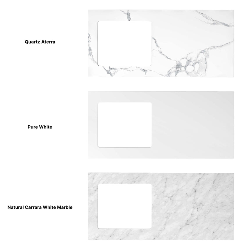 Benchtop finish options for Otti Marlo laundry cabinet: Quartz Aterra, Pure White, Natural Carrara White Marble by Tilemall