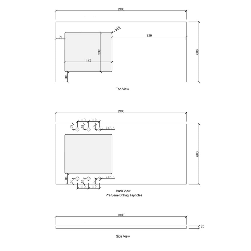 Technical top and back view diagram for Otti Marlo 1300mm cabinet with pre-drilling tapholes and dimensions by Tilemall