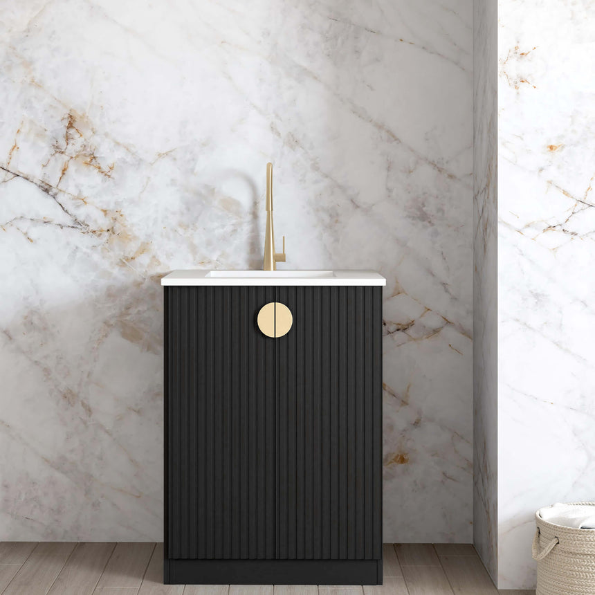 Otti Marlo OT matte black 650mm floor-standing laundry cabinet by Tilemall with white stone top and brass tap