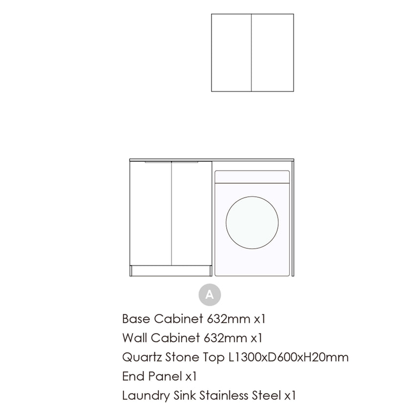 Otti Marlo configuration A schematic: 632mm base cabinet, 632mm wall cabinet, quartz top by Tilemall