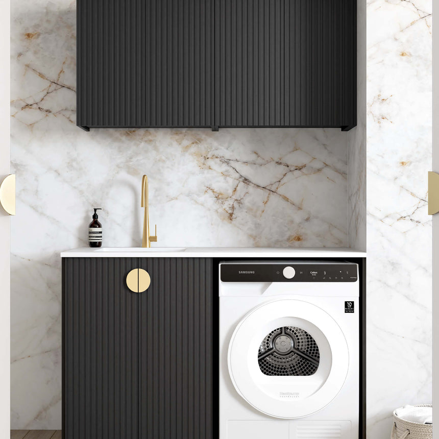 Otti Marlo laundry set installed in laundry room with dryer and marble splashback by Tilemall