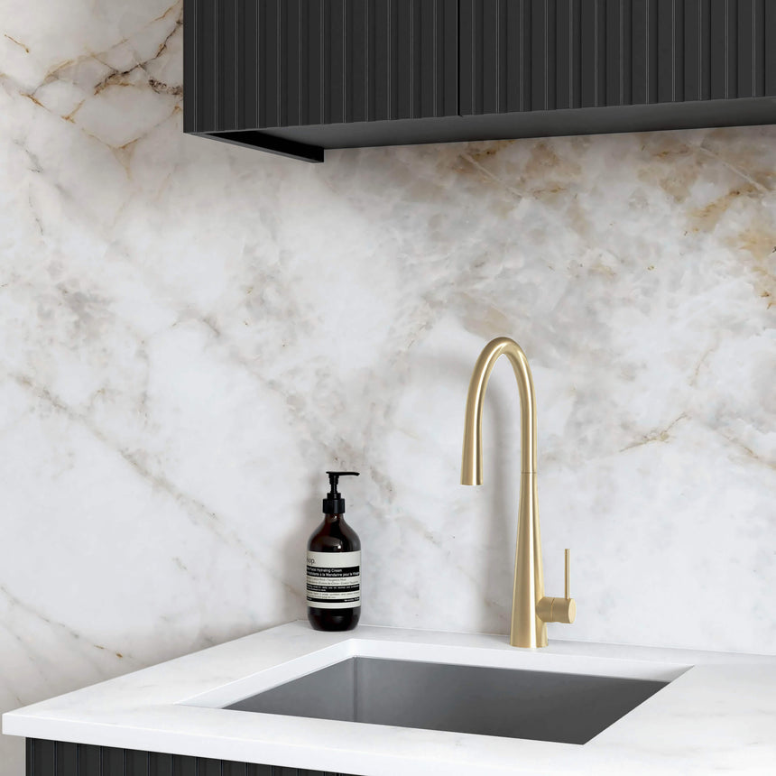 Otti Marlo matte black laundry cabinet detail showing brass handle and sink by Tilemall