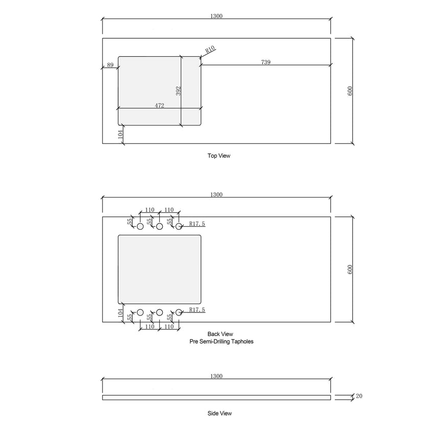 Technical top view and back view diagram for 1300mm Otti Marlo quartz top by Tilemall (view 2)