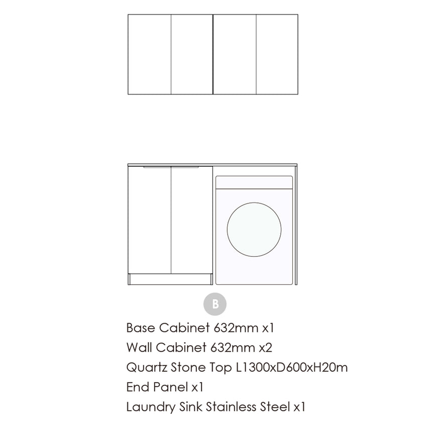 Otti Marlo configuration B schematic: 632mm base, dual 632mm wall cabinets, single sink by Tilemall