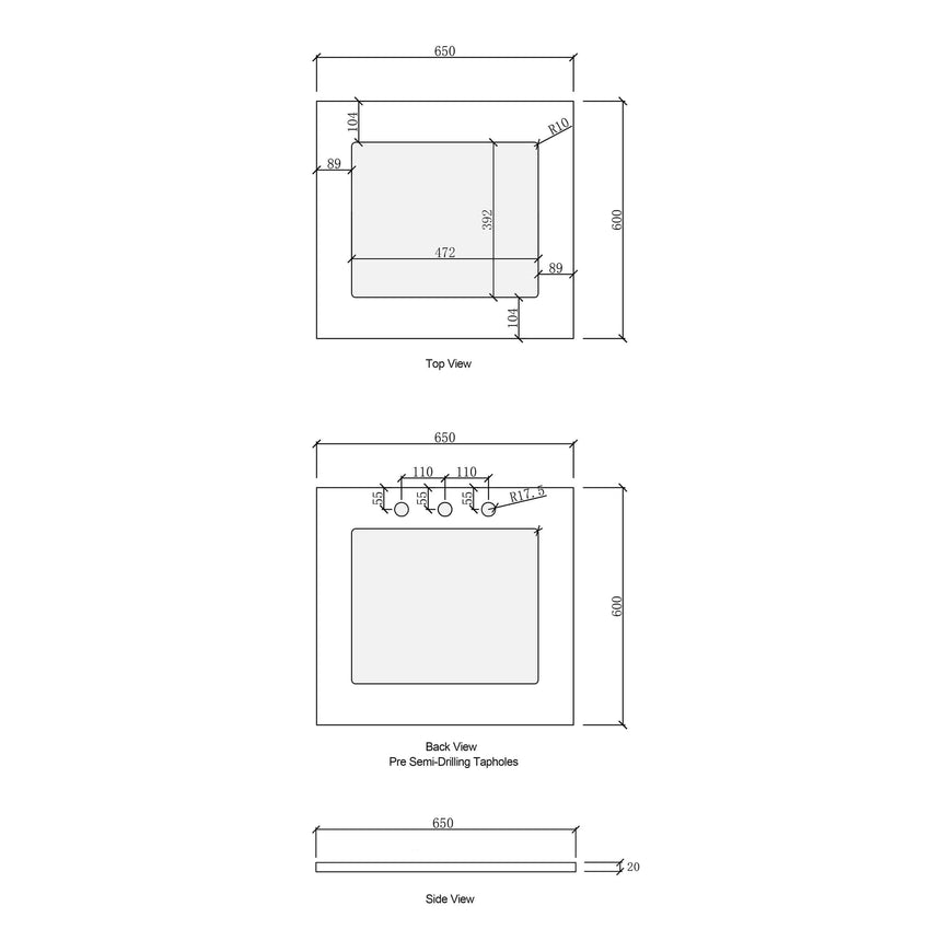 Stainless steel laundry sink 520mm x 440mm top and side view with mounting detail and drain hole by Tilemall