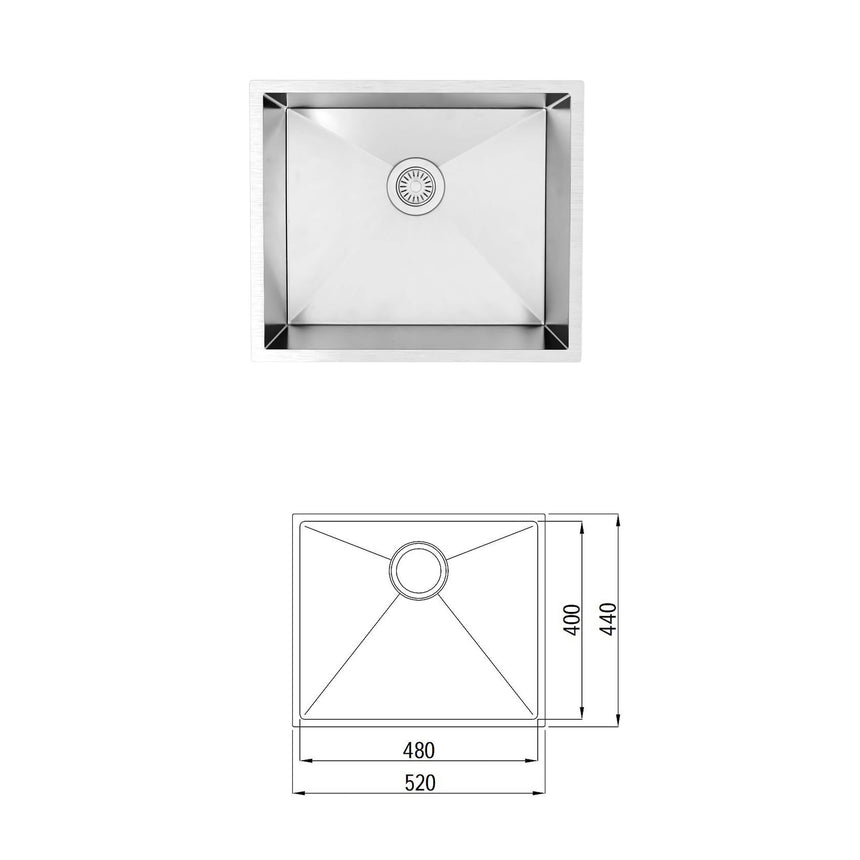 Otti Marlo technical dimensions diagram for stainless steel laundry sink 1060x600mm top and back view by Tilemall (view 2)