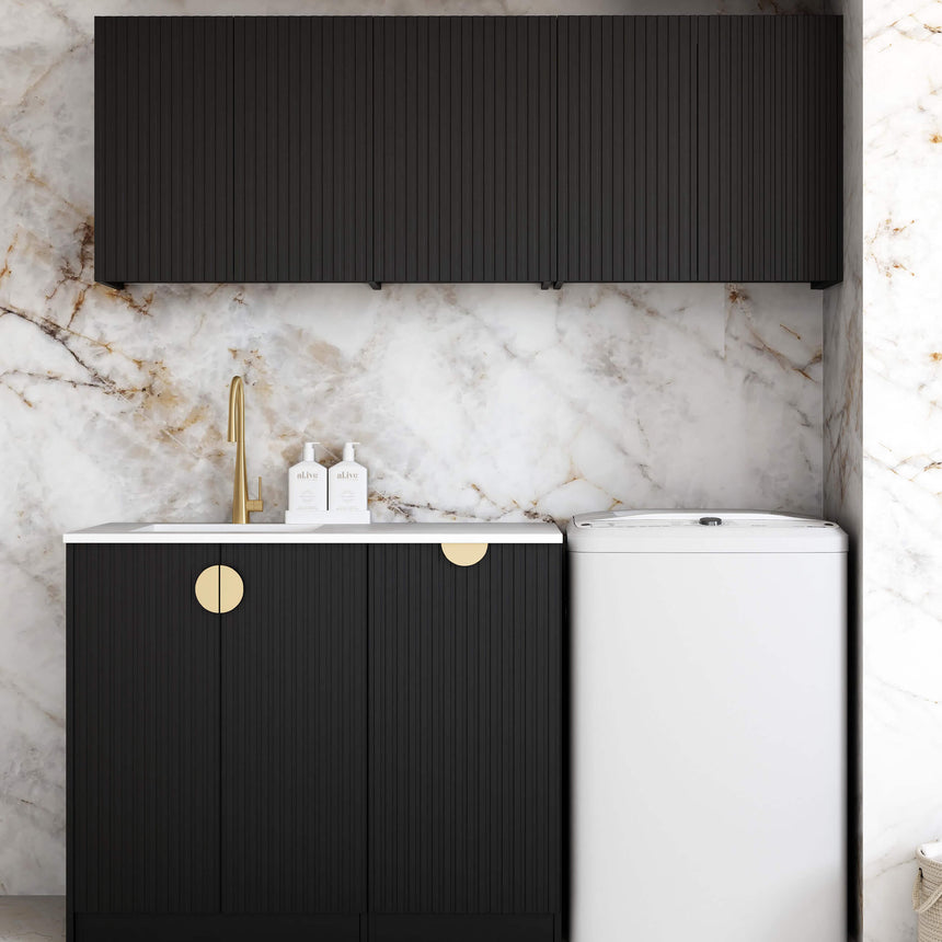 Otti Marlo matte black laundry set by Tilemall with wall-hung vanity, quartz top and stainless steel sink