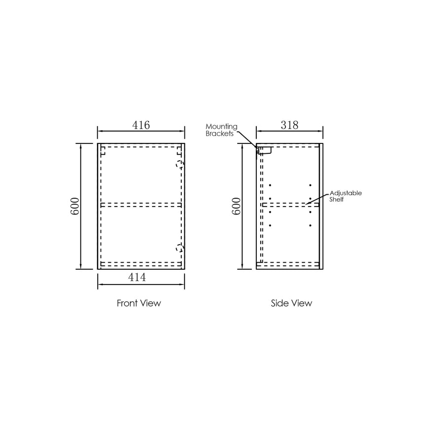 Technical dimensions diagram for Otti Marlo wall cabinet single door 416mm front and side view by Tilemall