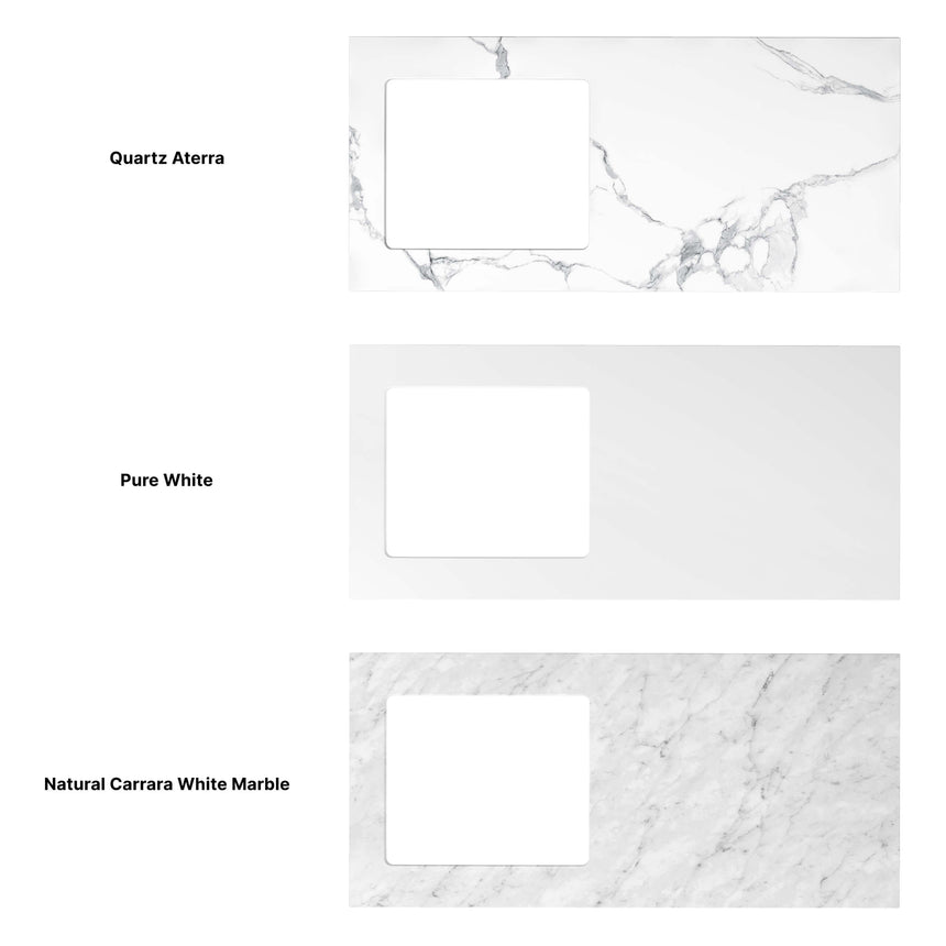 Quartz stone countertop finish options for Otti Marlo: Quartz Aterra, Pure White, Natural Carrara by Tilemall