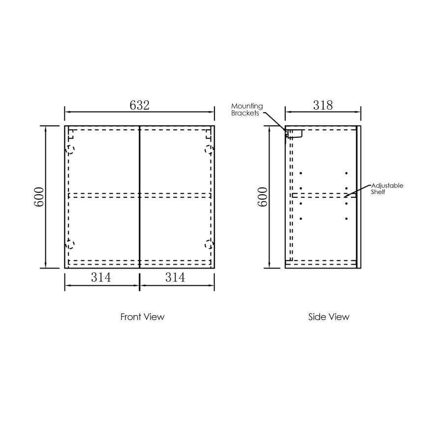 Technical dimensions diagram for Otti Marlo wall cabinet double door 632mm front and side view by Tilemall