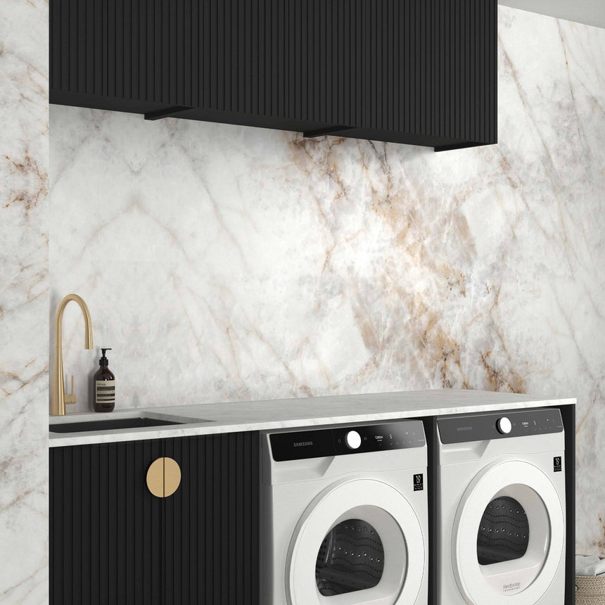 Otti Marlo laundry set installed in bathroom interior with matte black cabinets and marble wall by Tilemall