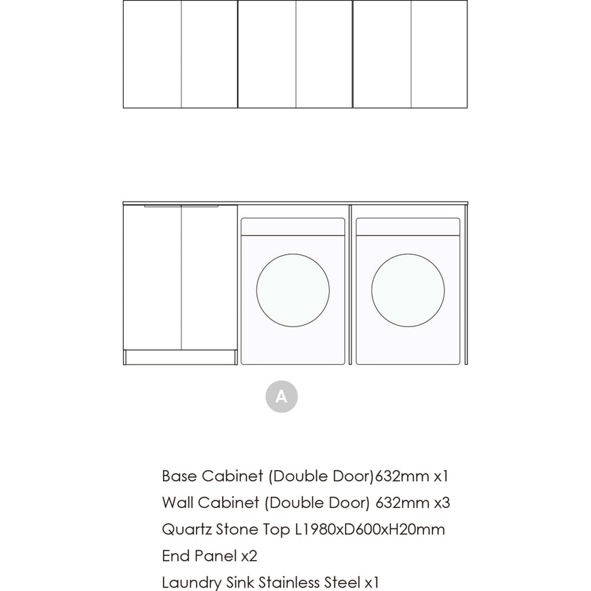 Technical layout diagram for Otti Marlo laundry set showing cabinet configuration and sink placement by Tilemall