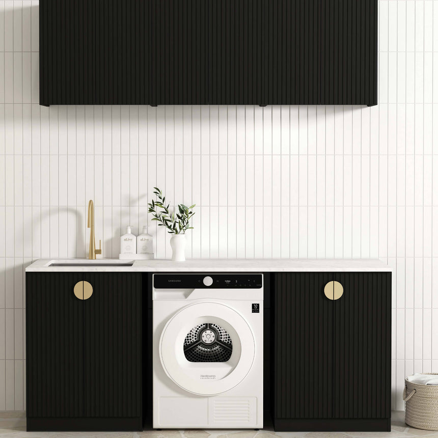 Otti Marlo matte black laundry unit installed with single washing machine and basin area by Tilemall