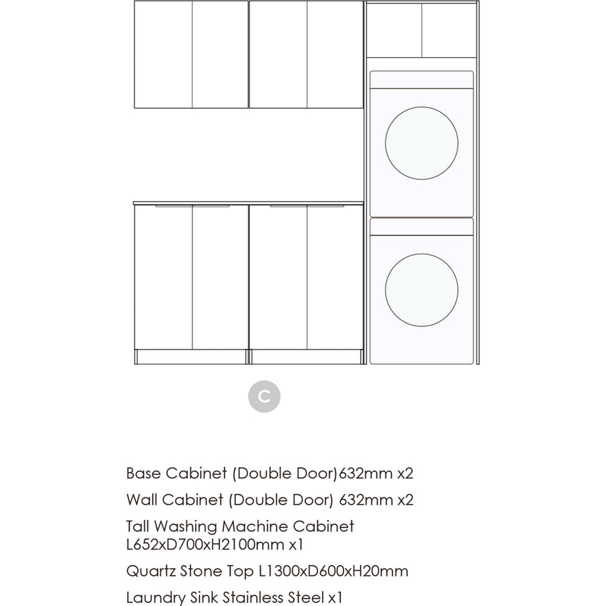 Otti Marlo package includes 2x base cabinet, 2x wall cabinet, tall machine unit and quartz top by Tilemall