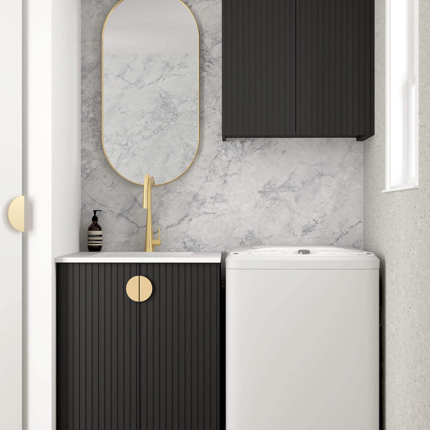 Otti Marlo Mini 650mm matte black laundry set by Tilemall with white benchtop and stainless steel sink