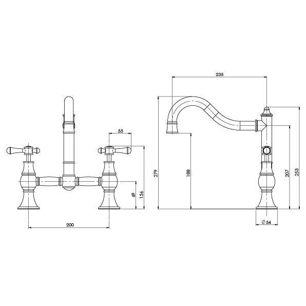Phoenix Nostalgia sink set installation dimensions and technical specifications diagram by Tilemall