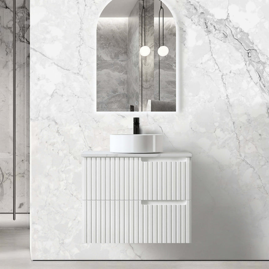 Noosa Single Basin Vanity Vanity Otti Australia 750mm Solid Surface Cloudy Carrara-20mm Above Counter