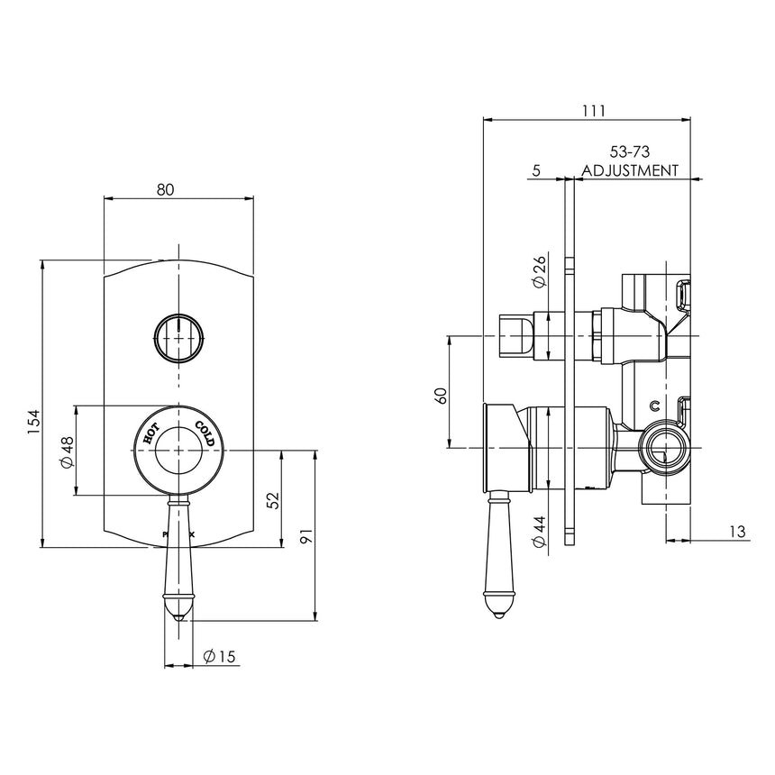 Installation dimensions diagram for Phoenix Nostalgia diverter mixer showing technical specifications by Tilemall