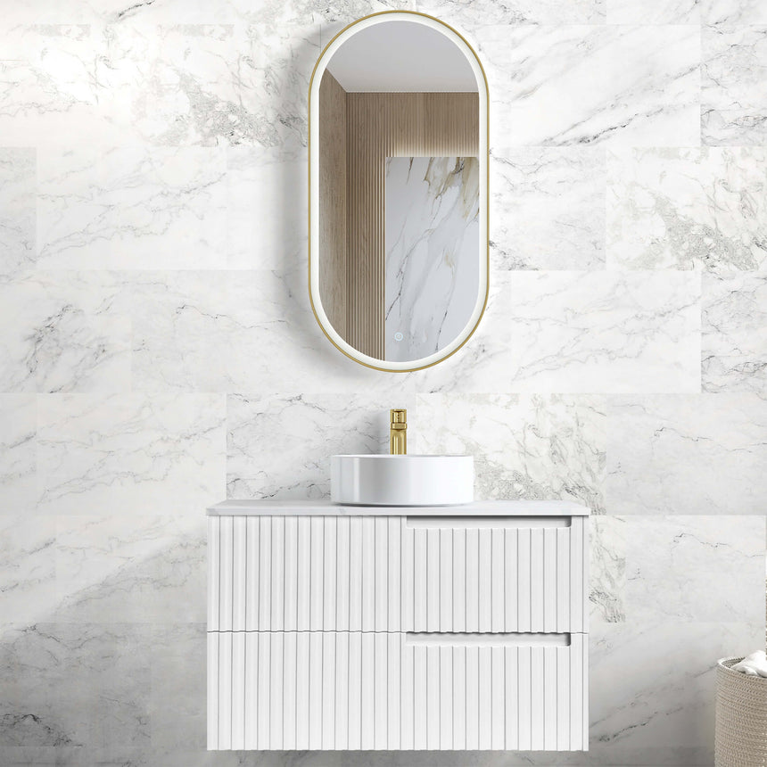 Noosa Single Basin Vanity Vanity Otti Australia 900mm Solid Surface Cloudy Carrara-20mm Above Counter