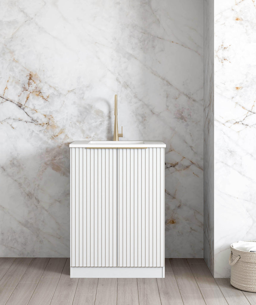 Otti Noosa 650mm fluted white laundry base cabinet with Pure White stone top and undermount sink
