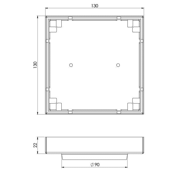 Phoenix Point Drain technical specifications showing 130mm x 130mm with 90mm diameter outlet by Tilemall