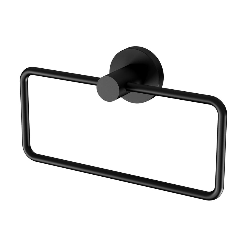 Phoenix Radii hand towel holder with round plate matte black by Tilemall, rectangular ring design