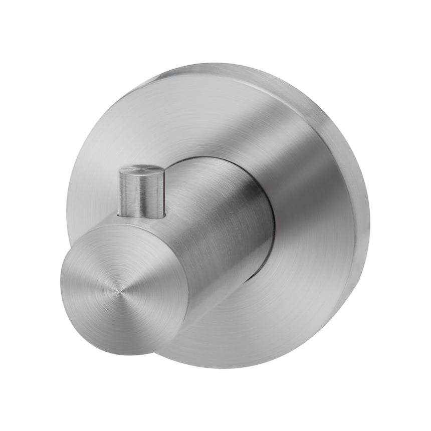 Phoenix Radii SS stainless steel robe hook with round plate by Tilemall, side view of cylindrical hook