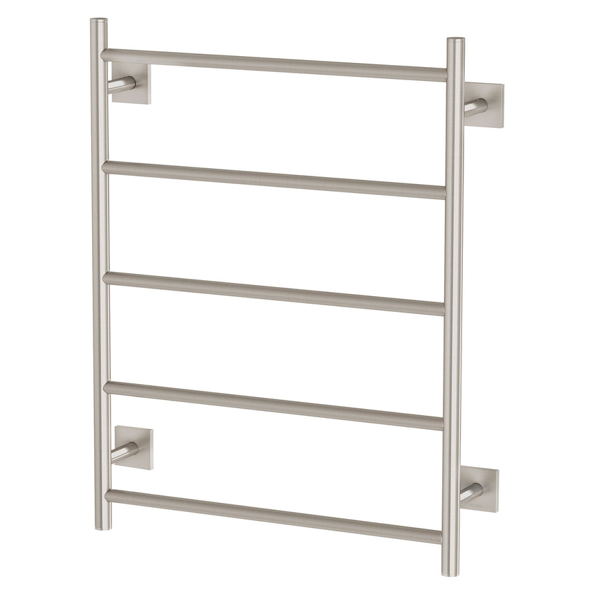Phoenix Radii heated towel ladder 550 x 740mm brushed nickel by Tilemall with square plate mounting and five horizontal bars