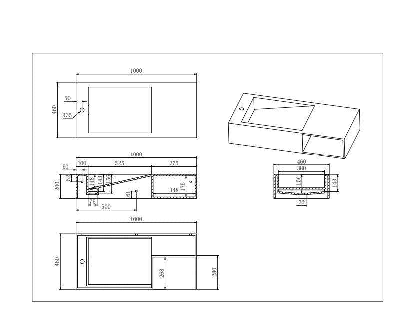 Technical dimensions diagram for Lukka Crete 1000mm wall-hung basin with plan, elevation and section views by Tilemall