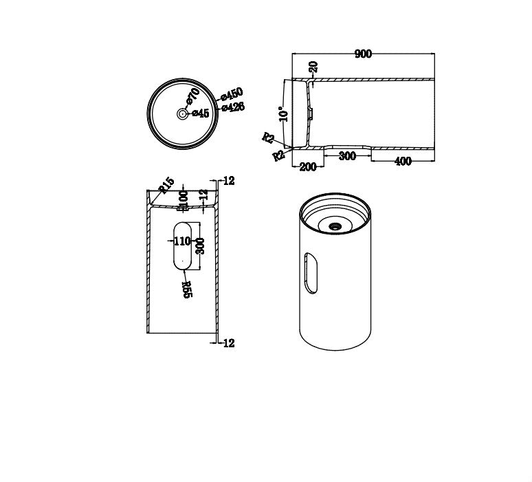 Technical dimensions diagram for Lukka Olley pedestal basin showing 450mm bowl diameter and 900mm height by Tilemall