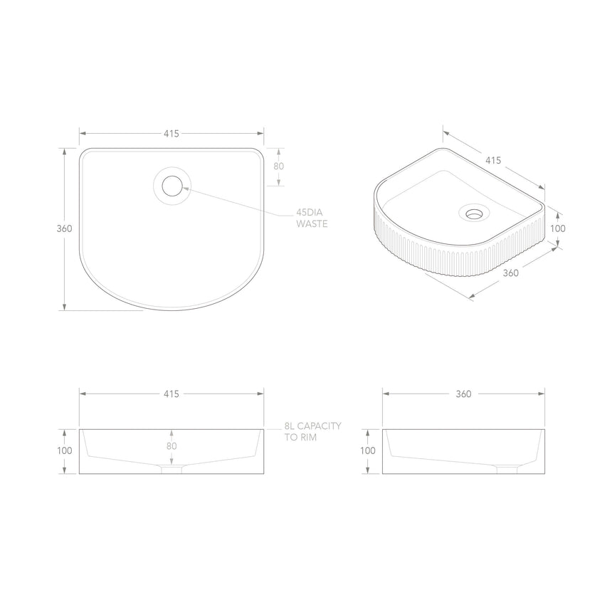 ADP Arch Fluted Above Counter Basin Matt White Bathroom Basin ADP