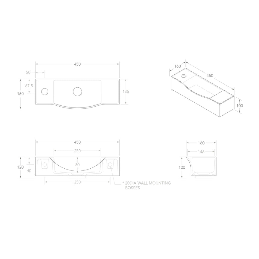 ADP Halo Wall Basin Matte White Right Tap Hole Bathroom Basin ADP