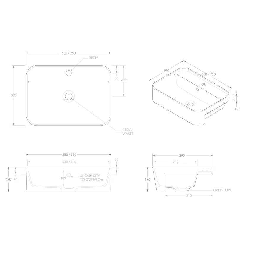 ADP Miya Semi Recessed 550 Basin Gloss White Bathroom Basin ADP