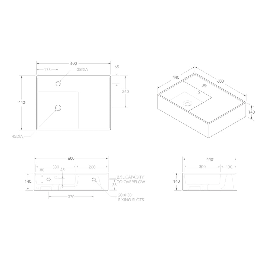 ADP Teorema Wall Basin 600 Left offset with Tap Hole Bathroom Basin ADP