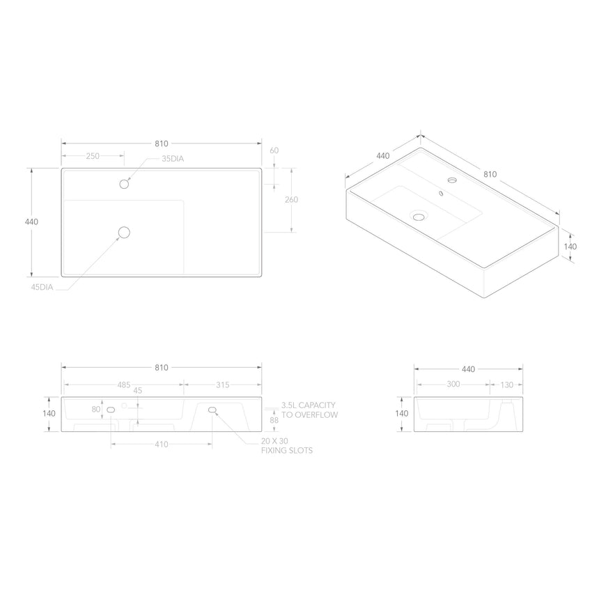 ADP Teorema Wall Basin 800 Left offset without Tap Hole Bathroom Basin ADP