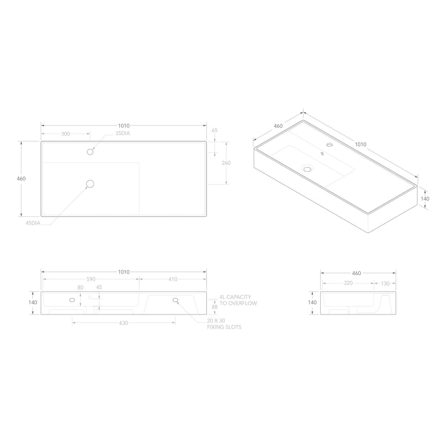 ADP Teorema Wall Basin 1000 Left offset without Tap Hole Bathroom Basin ADP