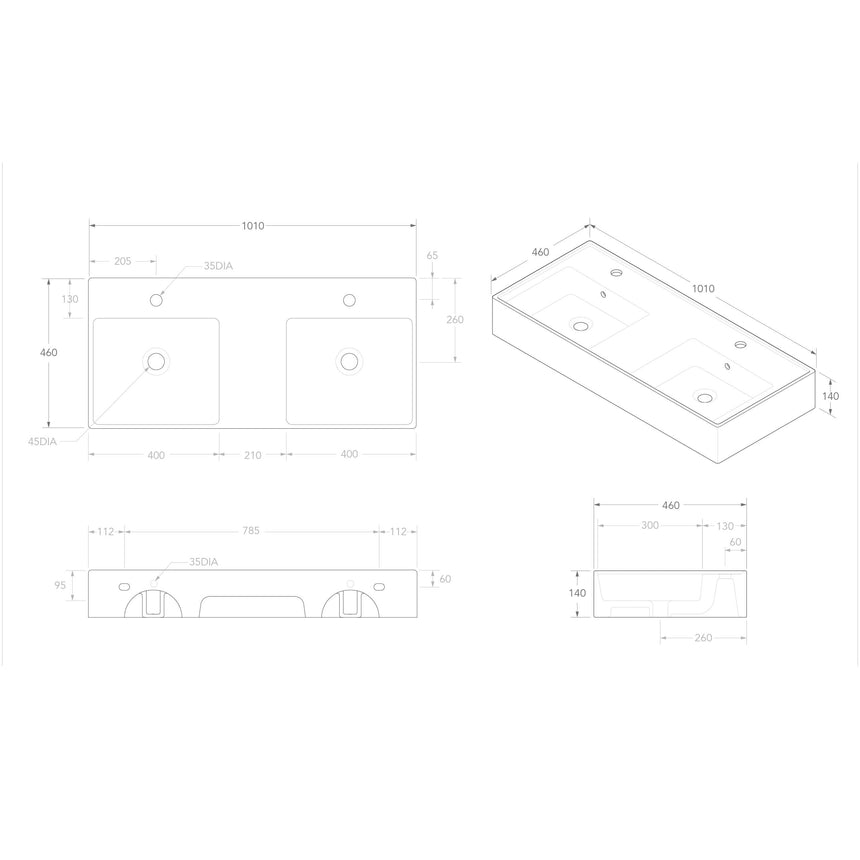 ADP Teorema Wall Basin 1000 Double with Tap Hole Bathroom Basin ADP