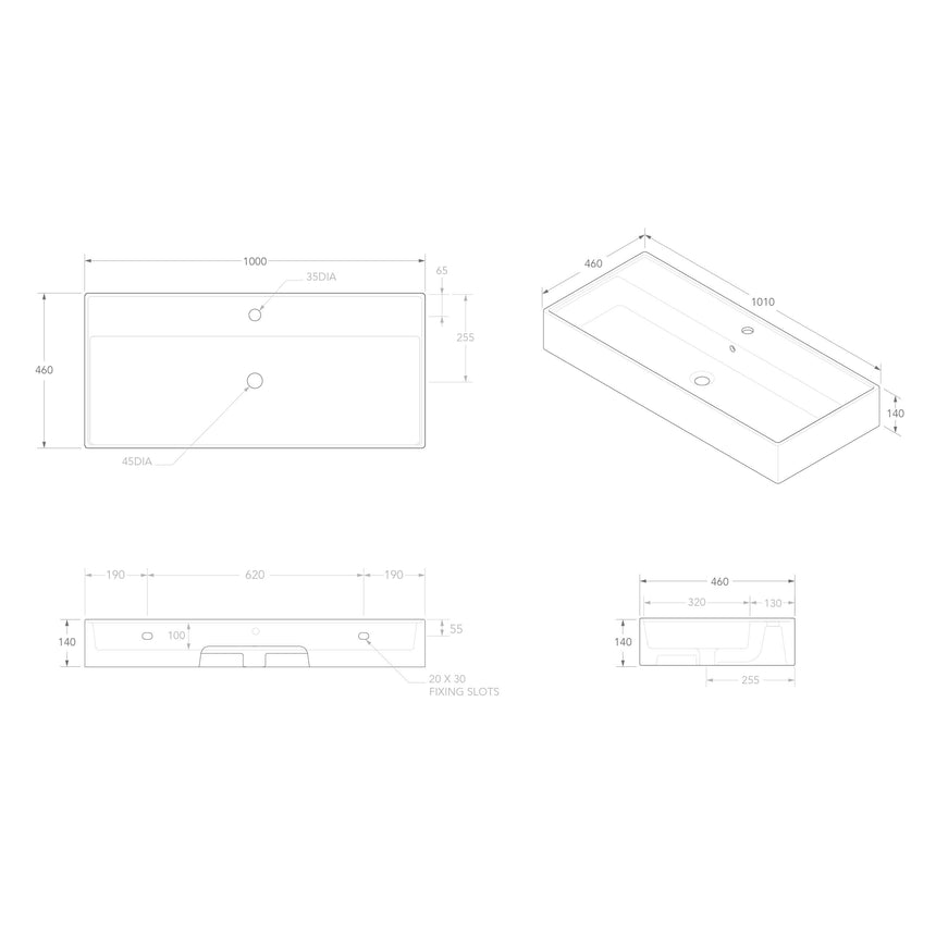 ADP Teorema Wall Basin 1000 Full Bowl without Tap Hole Bathroom Basin ADP