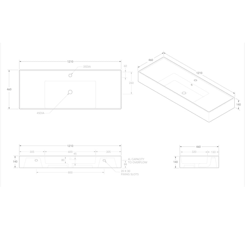 ADP Teorema Wall Basin 1200 Centre without Tap Hole Bathroom Basin ADP
