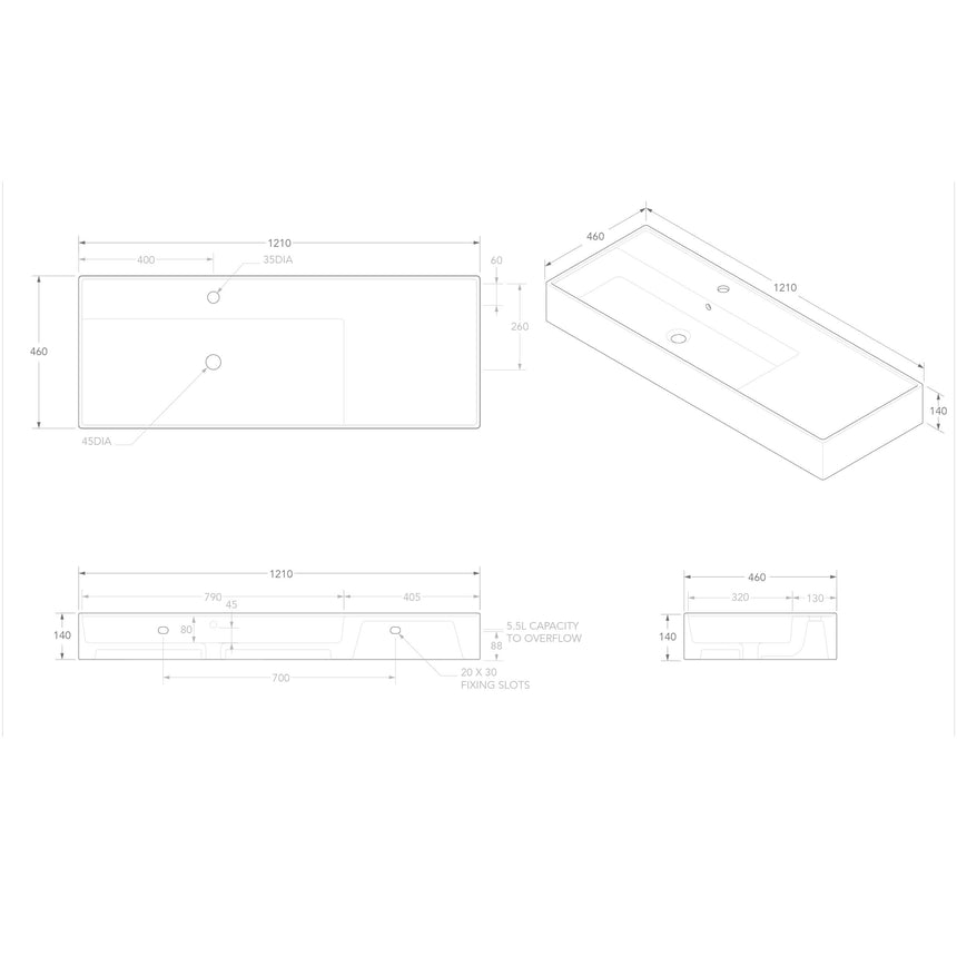 ADP Teorema Wall Basin 1200 Left offset with Tap Hole Bathroom Basin ADP