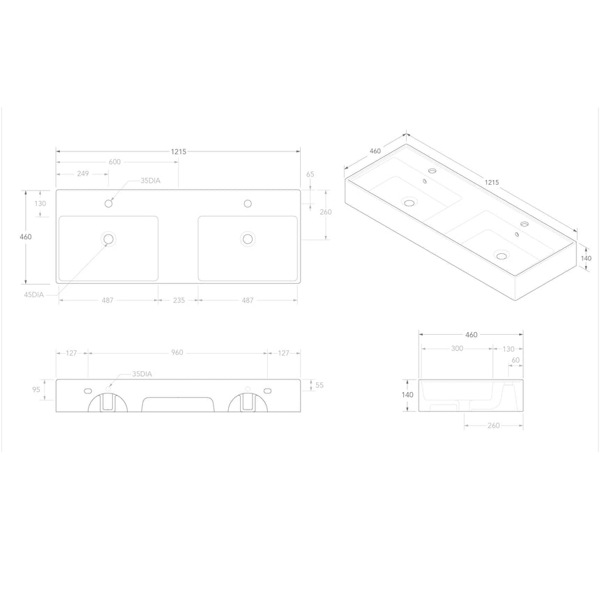 ADP Teorema Wall Basin 1200 Double without Tap Hole Bathroom Basin ADP