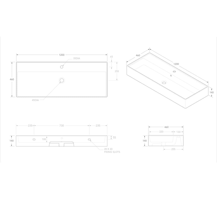 ADP Teorema Wall Basin 1200 Full Bowl without Tap Hole Bathroom Basin ADP