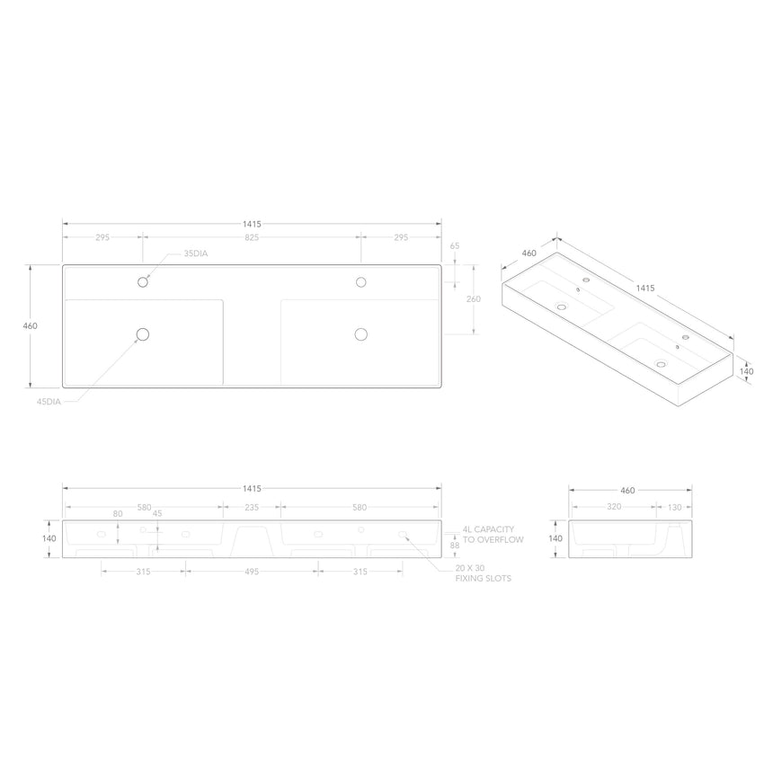 ADP Teorema Wall Basin 1400 Double without Tap Hole Bathroom Basin ADP